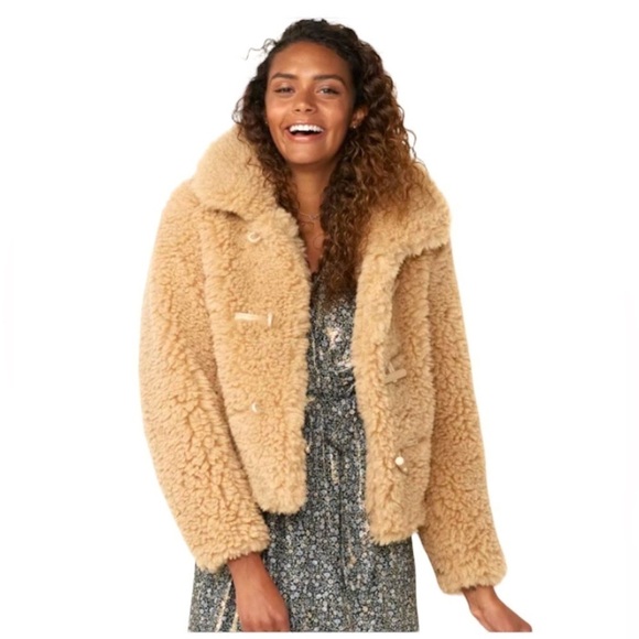LC Lauren Conrad Womens Tan Faux Shearling Fuzzy Teddy Jacket Coat Sz XL New - Picture 1 of 11
